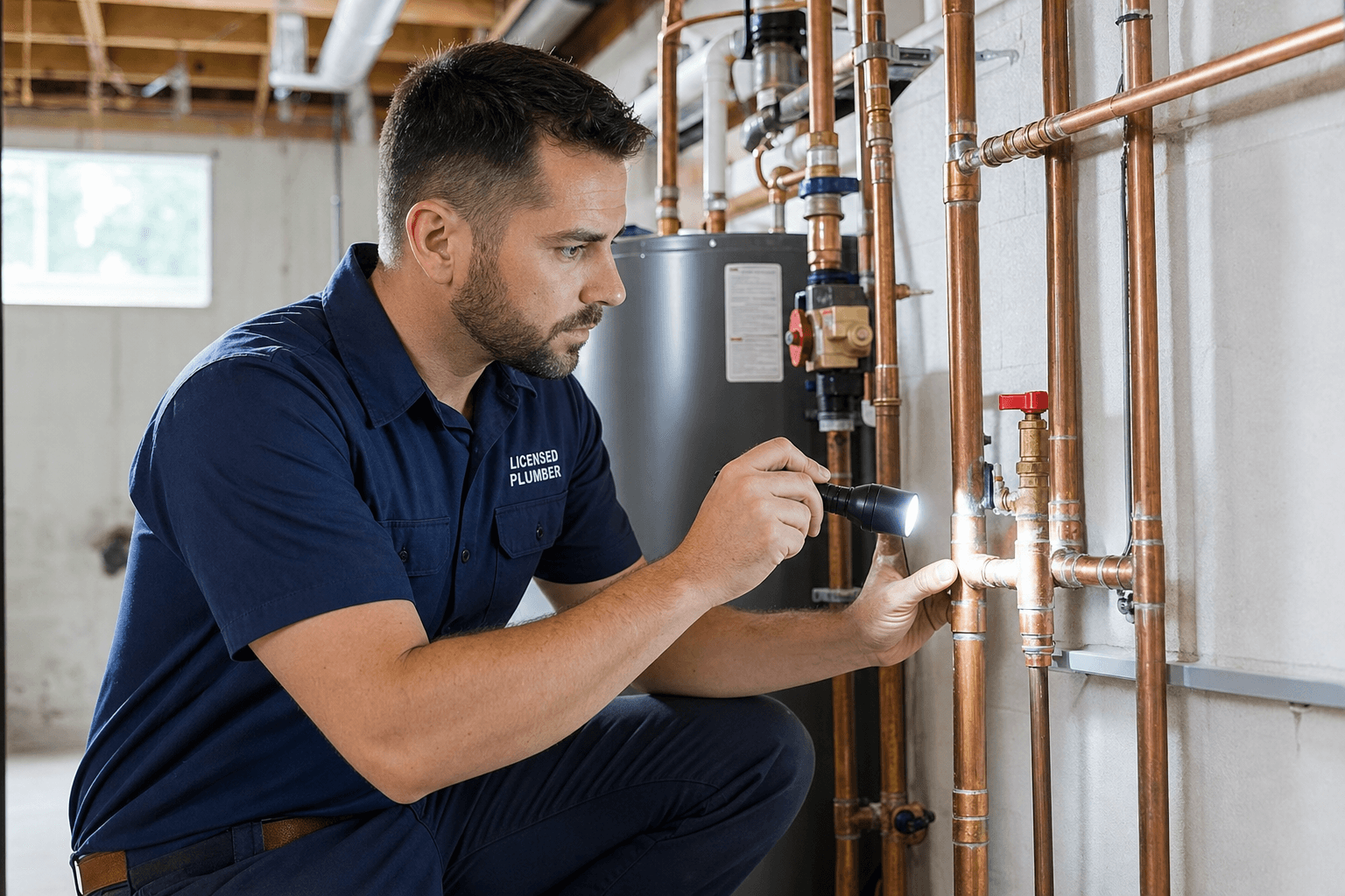 Plumber inspecting copper pipes in a basement