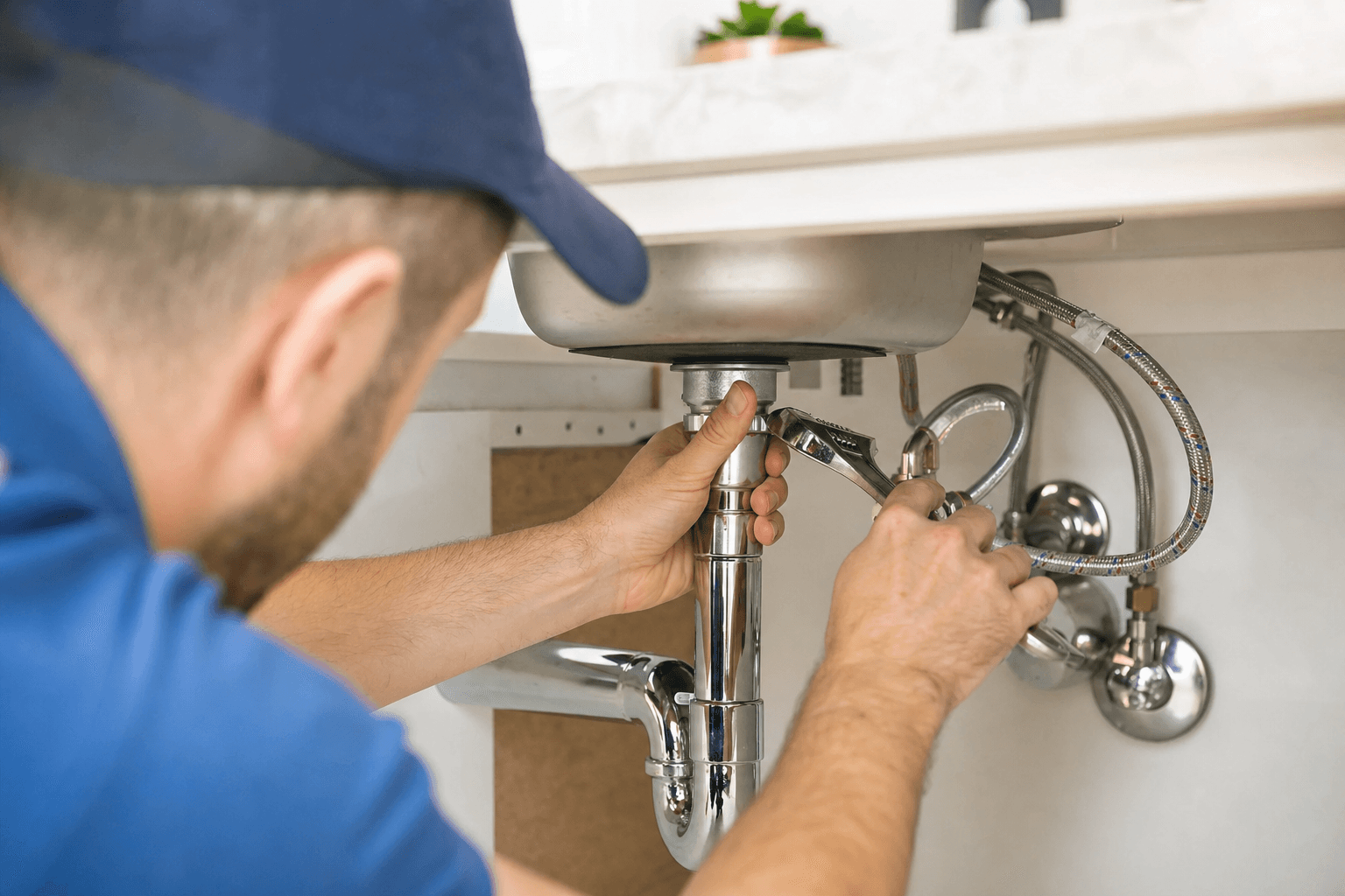 Plumber repairing a faucet under a kitchen sink