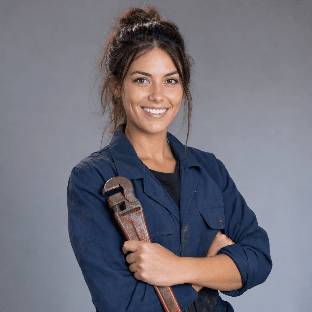 Woman plumber in work uniform smiling with a wrench