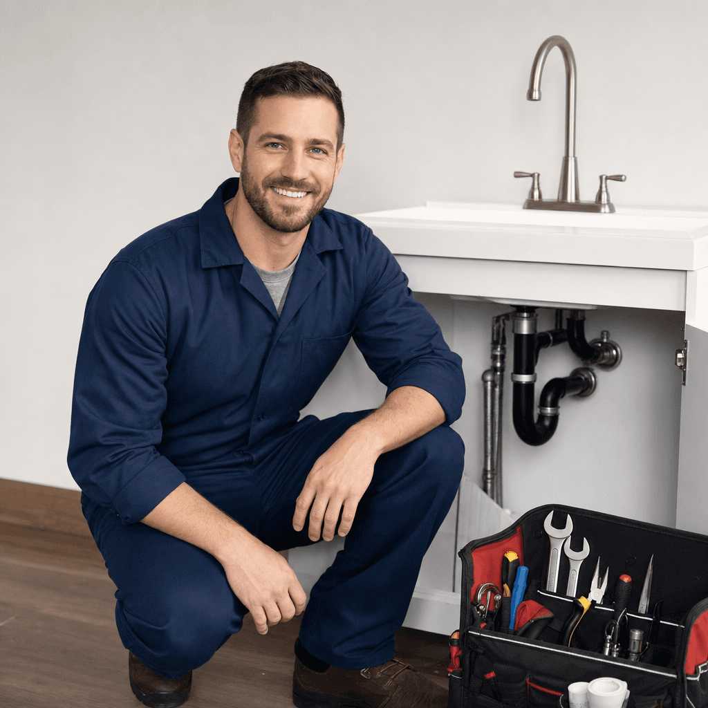 Woman plumber kneeling at a sink with a toolbox