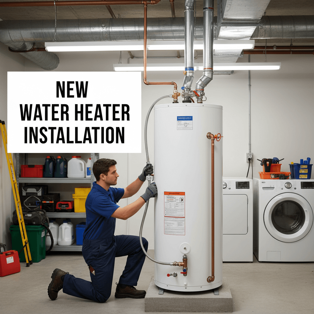 Plumber installing a new water heater in a utility room