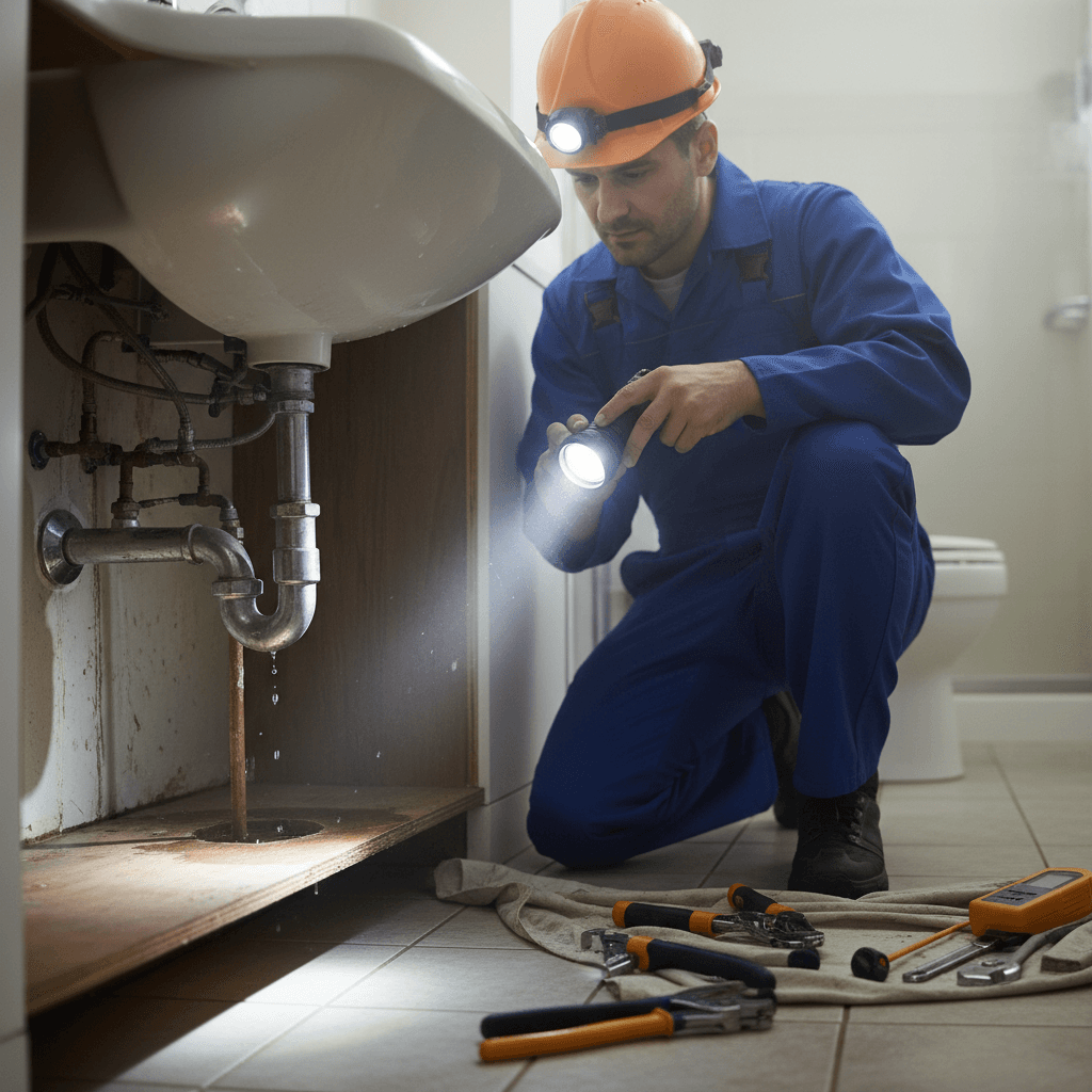 Plumber inspecting bathroom pipes with a flashlight