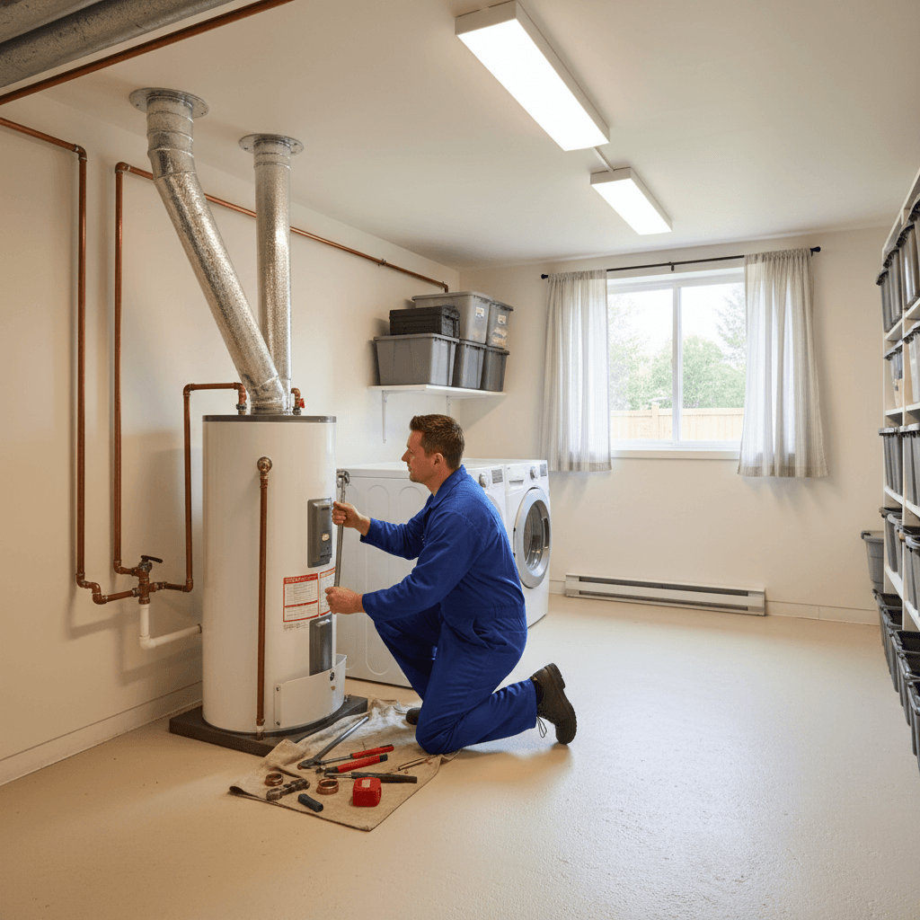 Plumber installing a water heater
