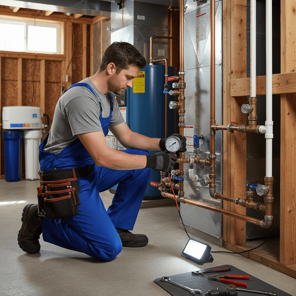 Plumber checking a water pressure gauge on a residential system