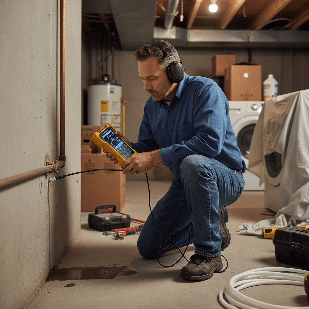 Plumber using electronic leak detection equipment on a pipe