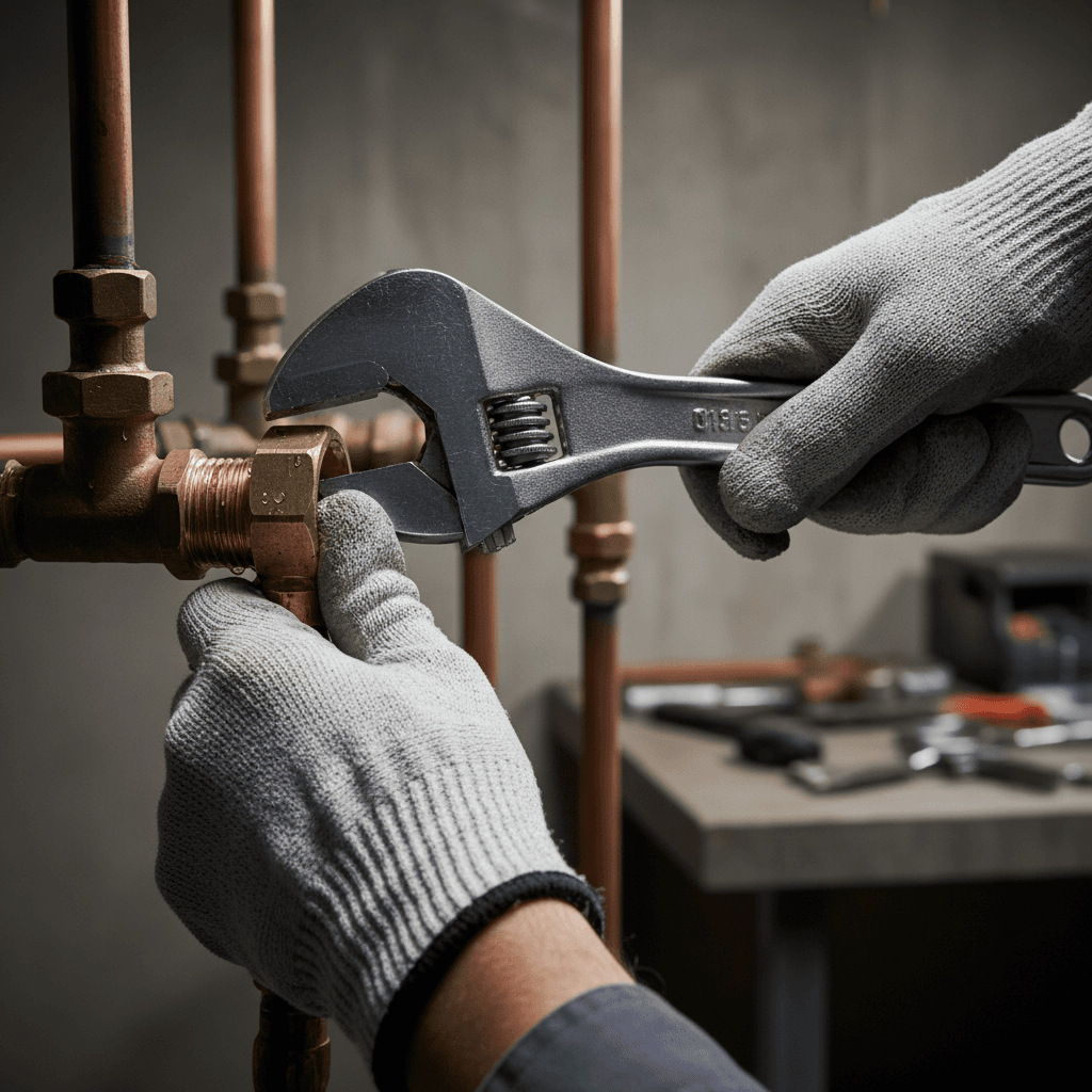 Close-up of hands tightening a pipe fitting with a wrench