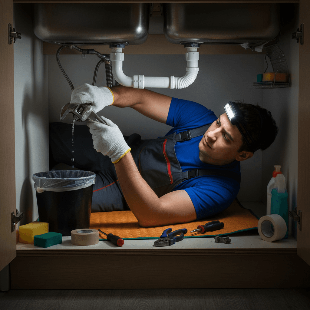 Plumber repairing a leaky pipe under a kitchen sink