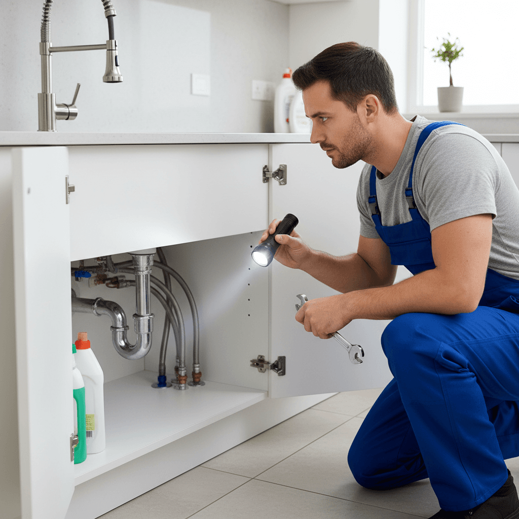 Plumber inspecting a pipe under a sink with a flashlight