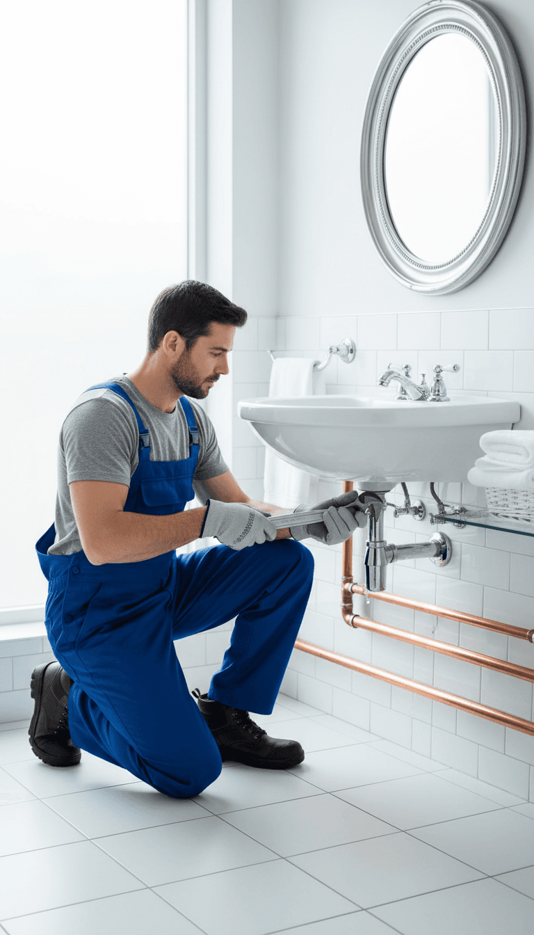 Professional plumber repairing a copper water pipe with a wrench