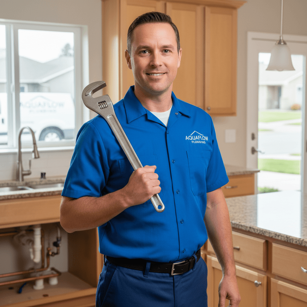 Confident plumber with a pipe wrench