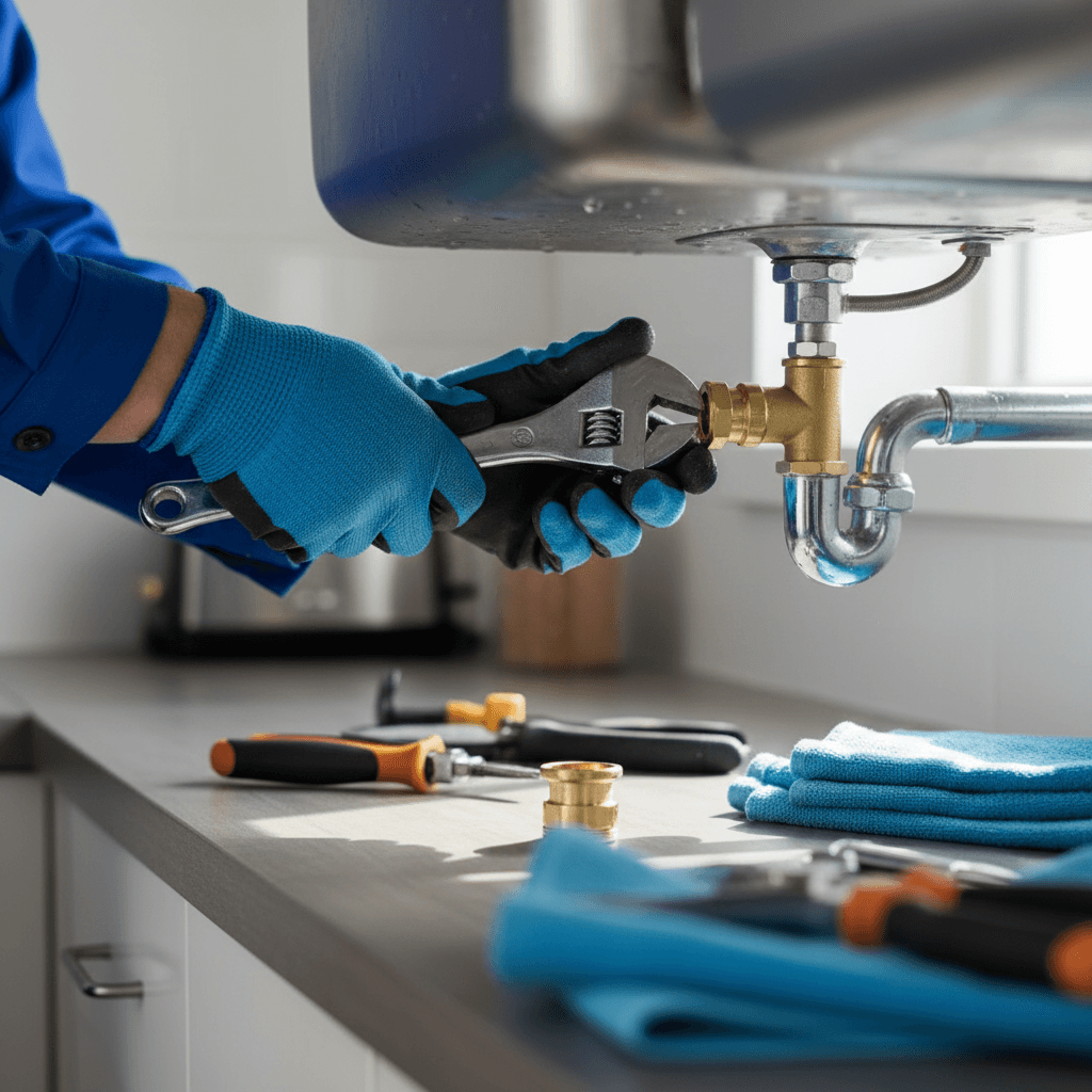 Close-up of hands turning a water shut-off valve under a sink
