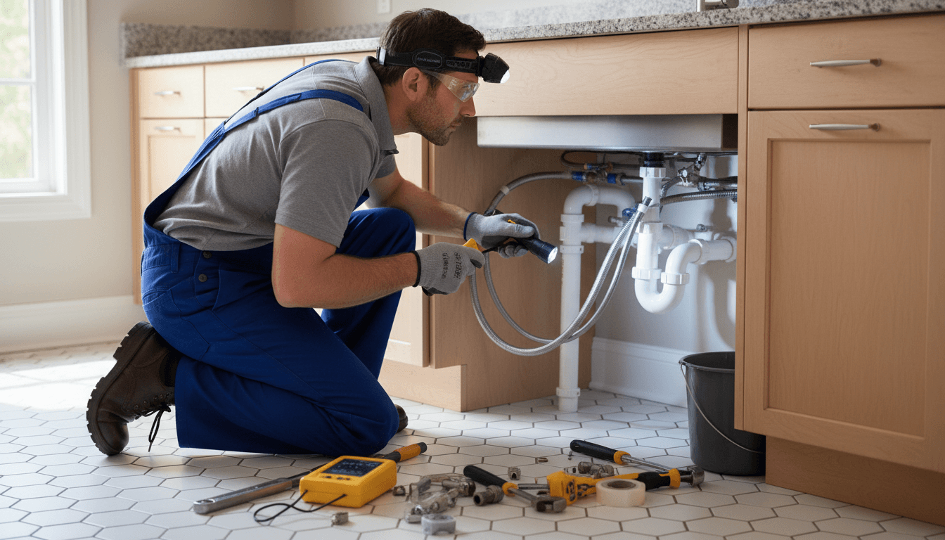 Plumber checking pipes under a sink with a flashlight
