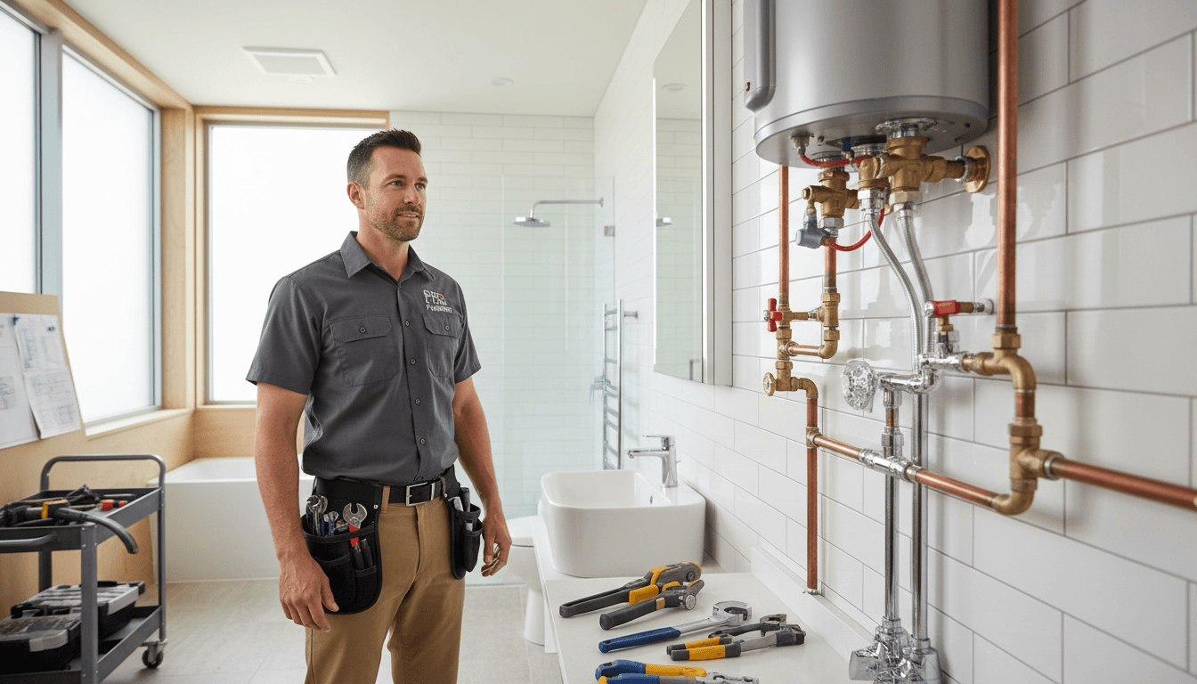 Professional plumber standing in a bright modern bathroom