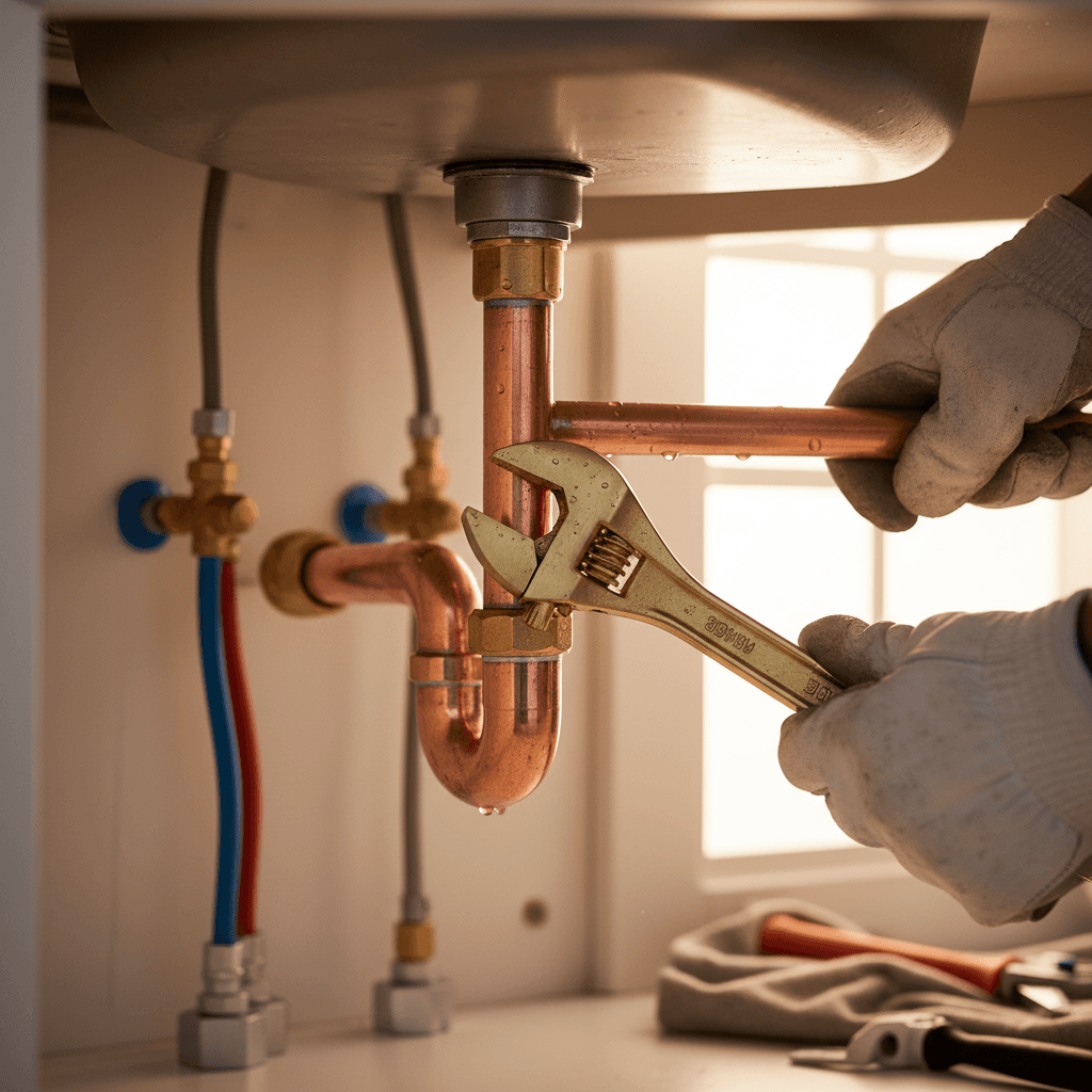 Plumber inspecting pipes under a kitchen sink with a wrench