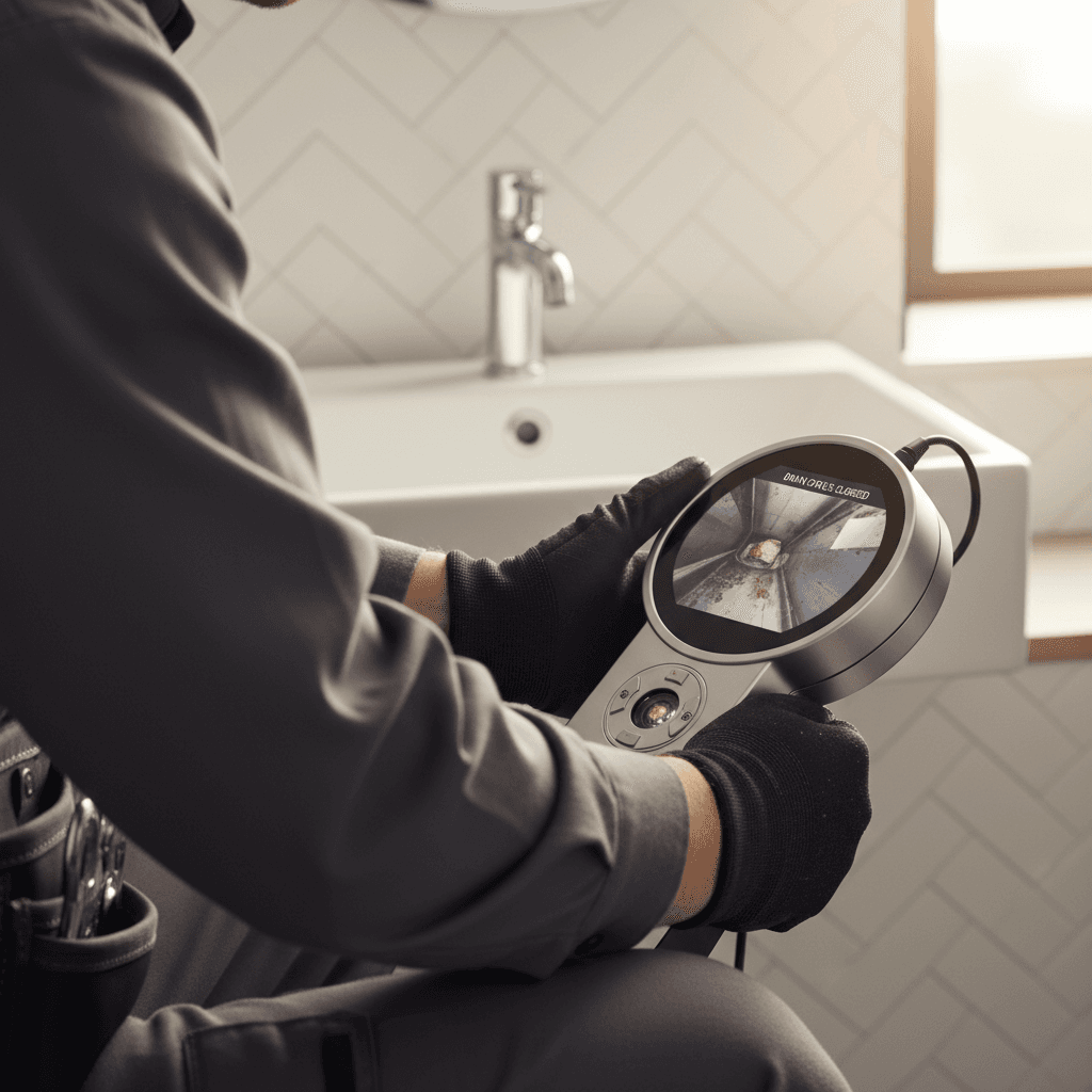 Plumber inspecting pipes under a sink with a flashlight