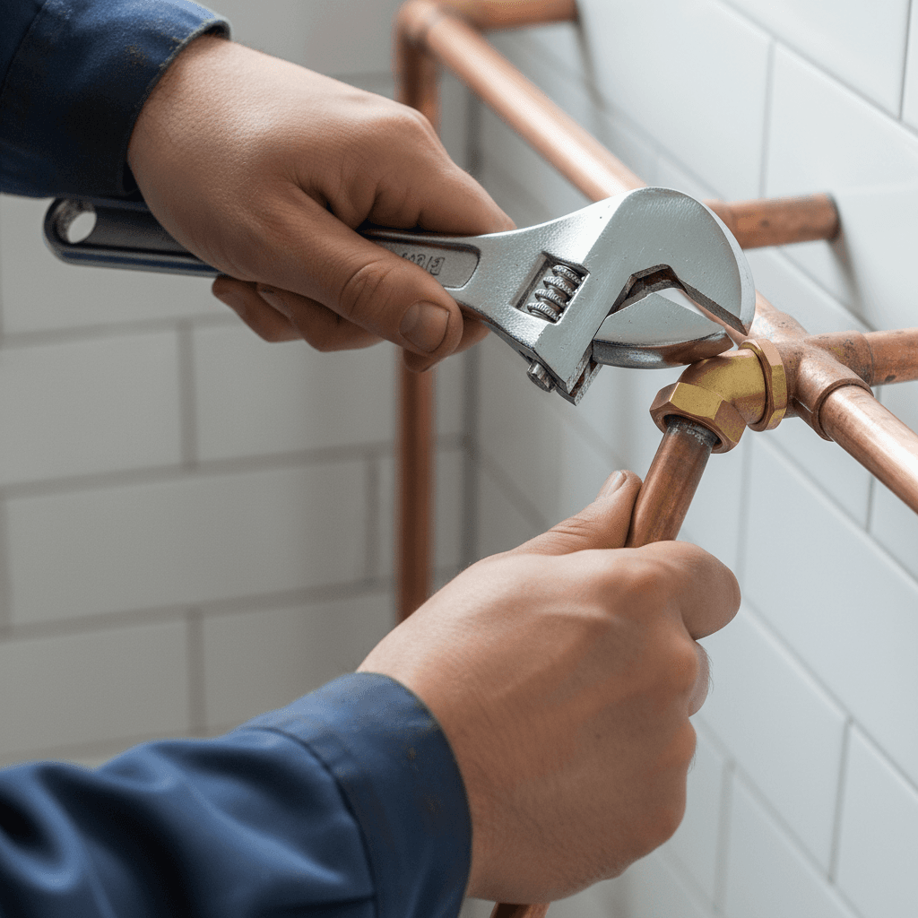 Close-up of hands tightening a pipe fitting with a wrench