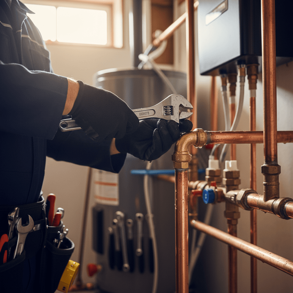 Plumber inspecting a copper pipe joint with a wrench in a residential basement